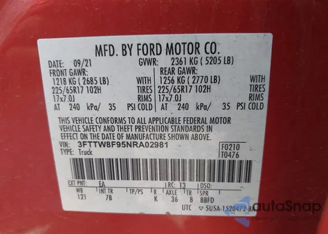 2022 Ford Maverick Xlt из США, поврежденный, VIN 3FTTW8F95NRA02981